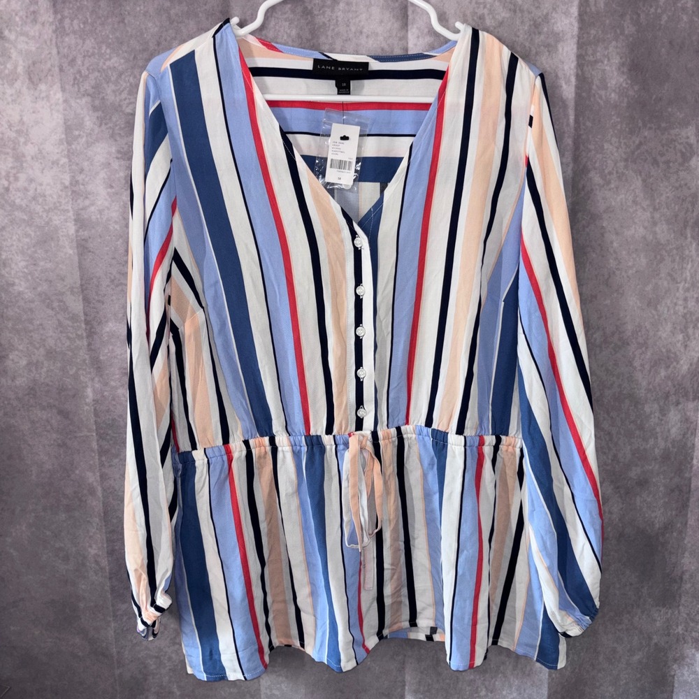 NWT Lane Bryant Striped V-Neck Drawstring Waist Blouse Blue Red White Size 18